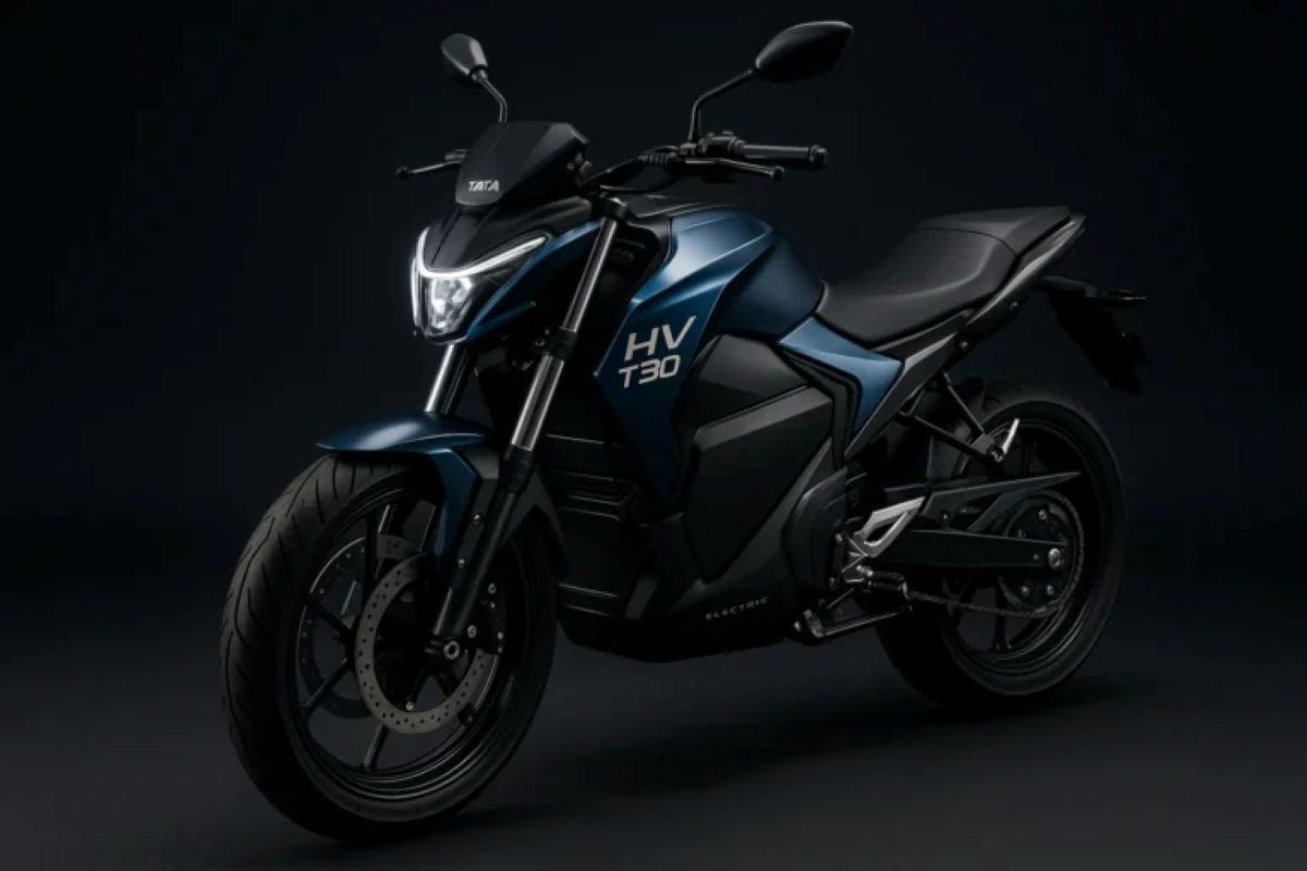Tata HV T30 Electric Bike in India with sporty design, LED headlamp and long range battery shown on city road