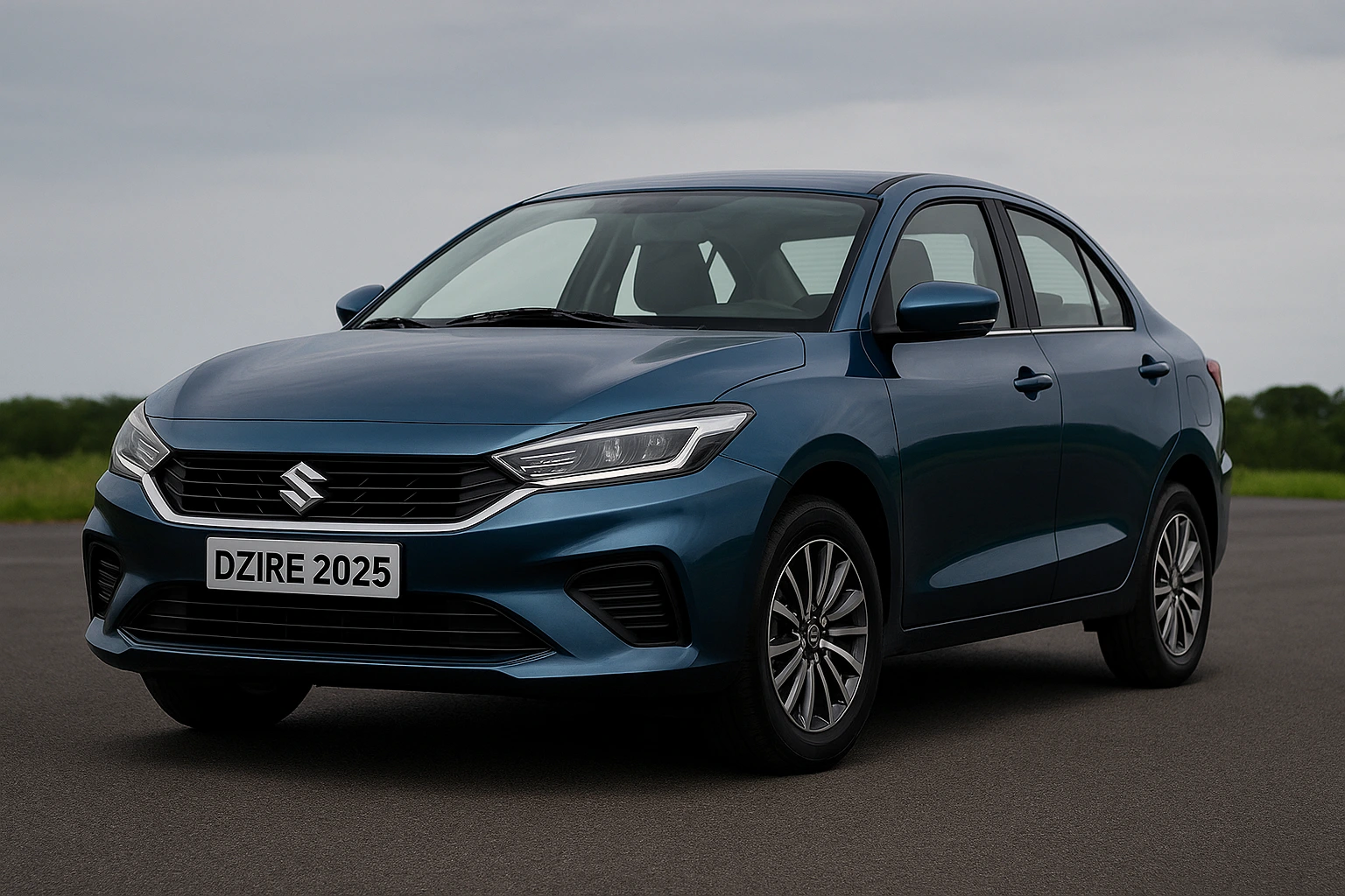 Maruti Suzuki Dzire 2025 front three-quarter view in blue, showcasing updated LED headlamps, redesigned grille, alloy wheels, and new sedan styling.