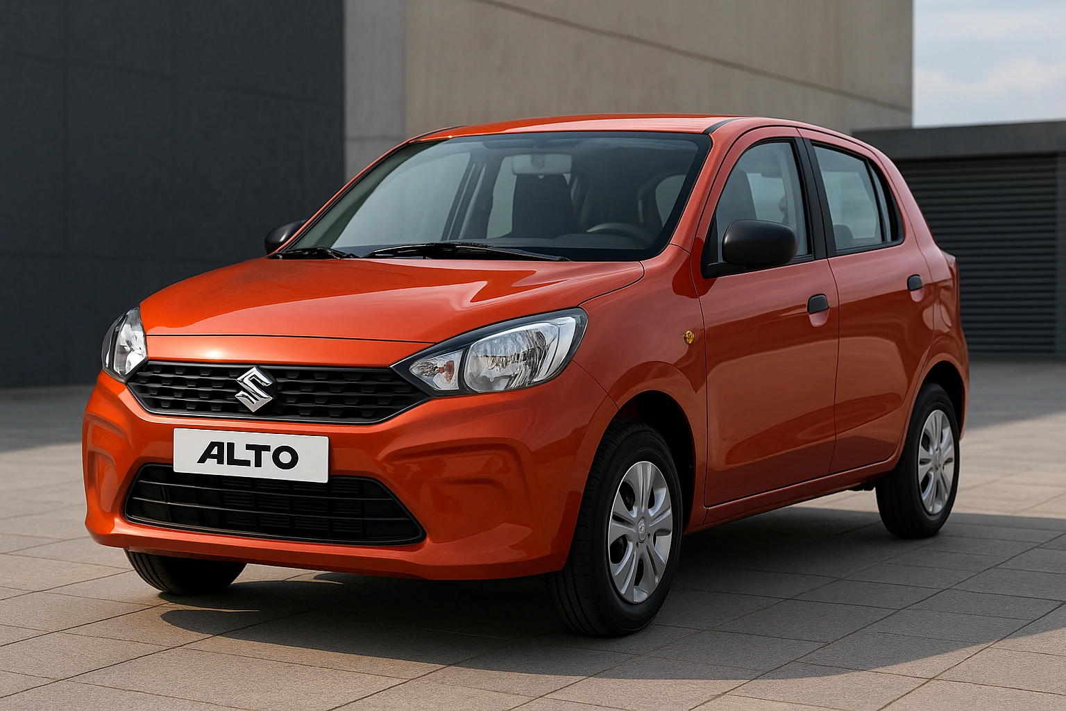 2025 Maruti Alto K10 showcased in bright orange, front three-quarter angle, highlighting refreshed grille, sharp headlights, and compact city-friendly design.