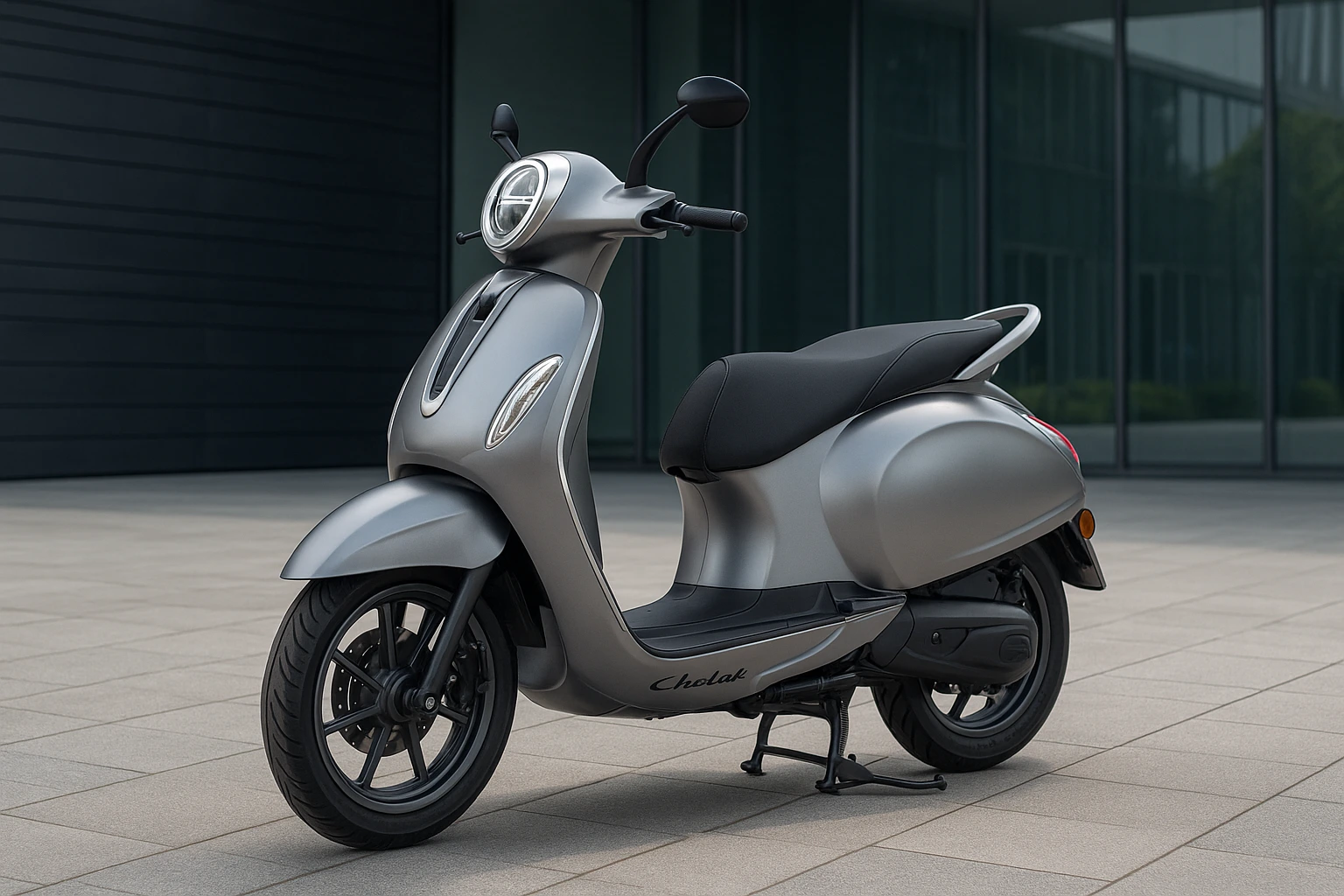 Bajaj Chetak Electric scooter side profile in matte silver parked outdoors