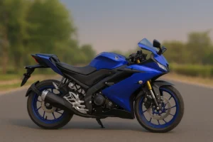 Blue Yamaha R15 V5 sports bike parked on an open road with trees blurred in the background, showing its aerodynamic fairing and sporty design