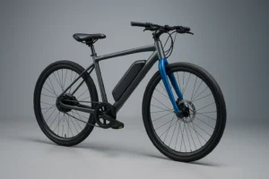 Tata Electric Cycle in matte grey and blue with detachable battery, standing in a clean studio background