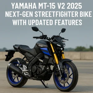 Yamaha MT-15 V2 2025 next-gen streetfighter motorcycle displayed outdoors with aggressive LED headlamp, USD forks, blue alloy wheels, and sharp tank shrouds