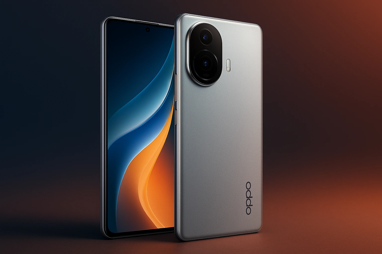 "Oppo premium 5G smartphone with curved AMOLED display, 200MP AI camera module, and sleek metal finish placed against a gradient background."