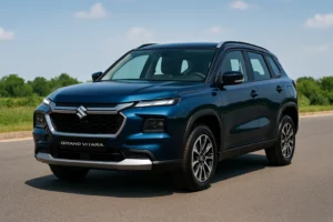 Maruti Suzuki Grand Vitara 2025 in blue color parked on an open road showing its bold front grille, LED DRLs, and premium SUV stance.