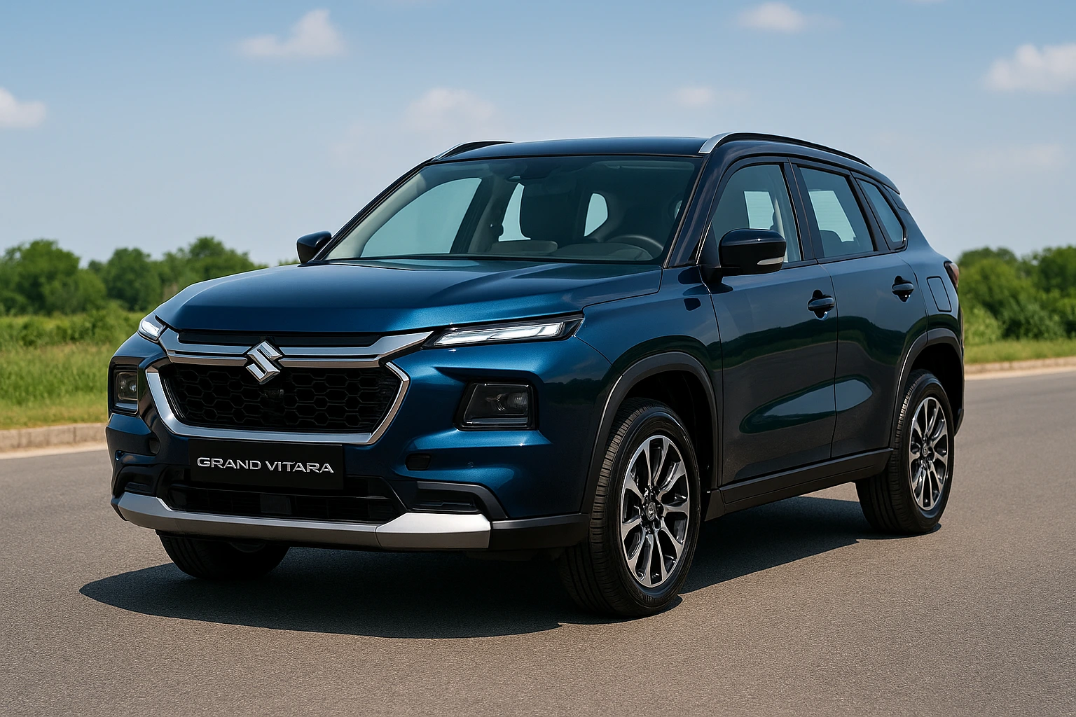 Maruti Suzuki Grand Vitara 2025 in blue color parked on an open road showing its bold front grille, LED DRLs, and premium SUV stance.