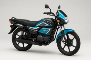 Hero Splendor EV electric motorcycle in blue with alloy wheels, 151km range, side view studio shot for 2025 launch