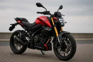 Bajaj Pulsar NS400 red and black streetfighter motorcycle with USD forks and sporty design parked outdoors
