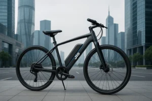 Jio Electric Cycle 2025 parked in a modern city street showcasing its urban design, battery pack, and lightweight frame
