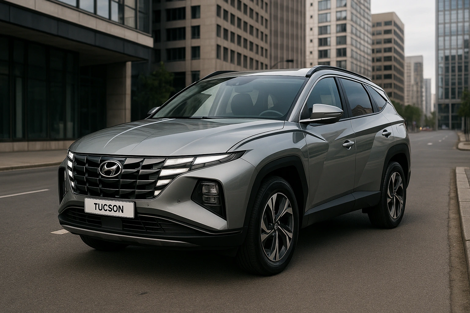 Hyundai Tucson 2025 front three-quarter view highlighting LED DRLs, premium stance, aerodynamic body lines, and modern SUV proportions.