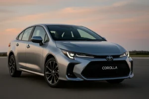 Toyota Corolla 2025 sedan parked on an open road with sharp LED headlights, clean design lines, and a premium global-market stance.