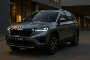 Skoda Kylaq 2025 SUV front angle view with premium LED headlights, muscular stance, aerodynamic design, and modern urban background