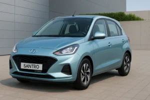 Hyundai Santro 2025 Hybrid hatchback in metallic blue with modern front design, LED elements, and compact urban stance.