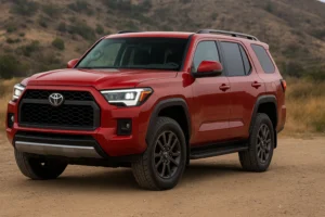 2025 Toyota 4Runner in red parked on a rugged trail with hills in the background showcasing its new bold design and off-road stance.