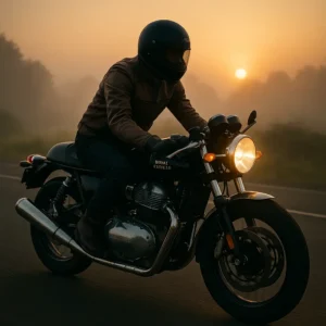 Royal Enfield Continental GT 750 café racer on a misty Indian highway at sunrise, rider wearing a brown leather jacket, chrome twin-cylinder motorcycle gleaming under golden light, symbolizing heritage, power, and timeless design.