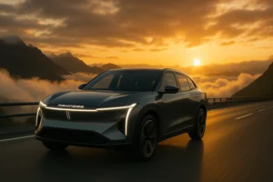 Mahindra XEV 9S electric SUV 2025 model on a scenic road at sunset
