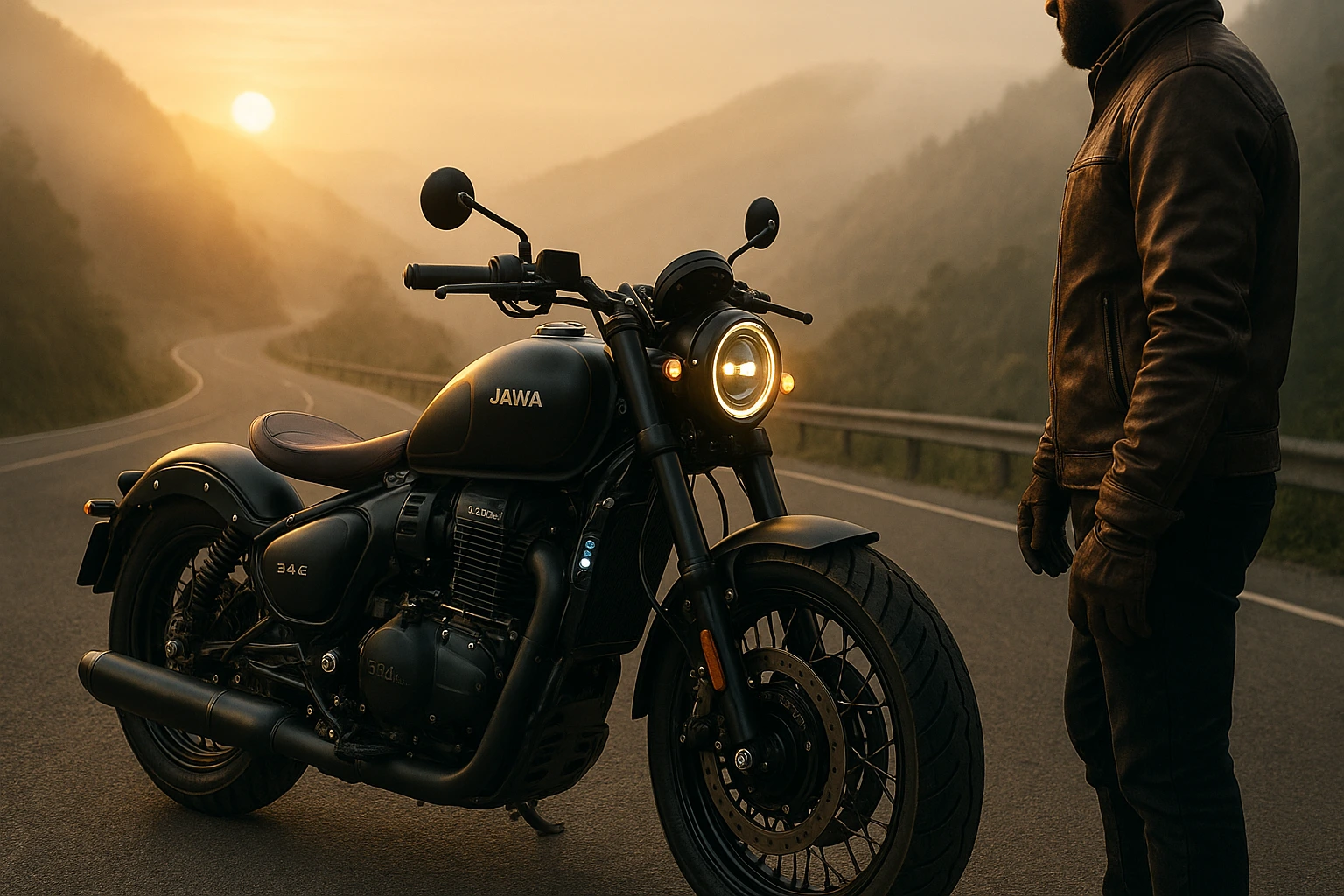 Jawa 42 Bobber 2025 with 334 cc liquid-cooled engine and Bluetooth console on misty Indian highway at sunrise.