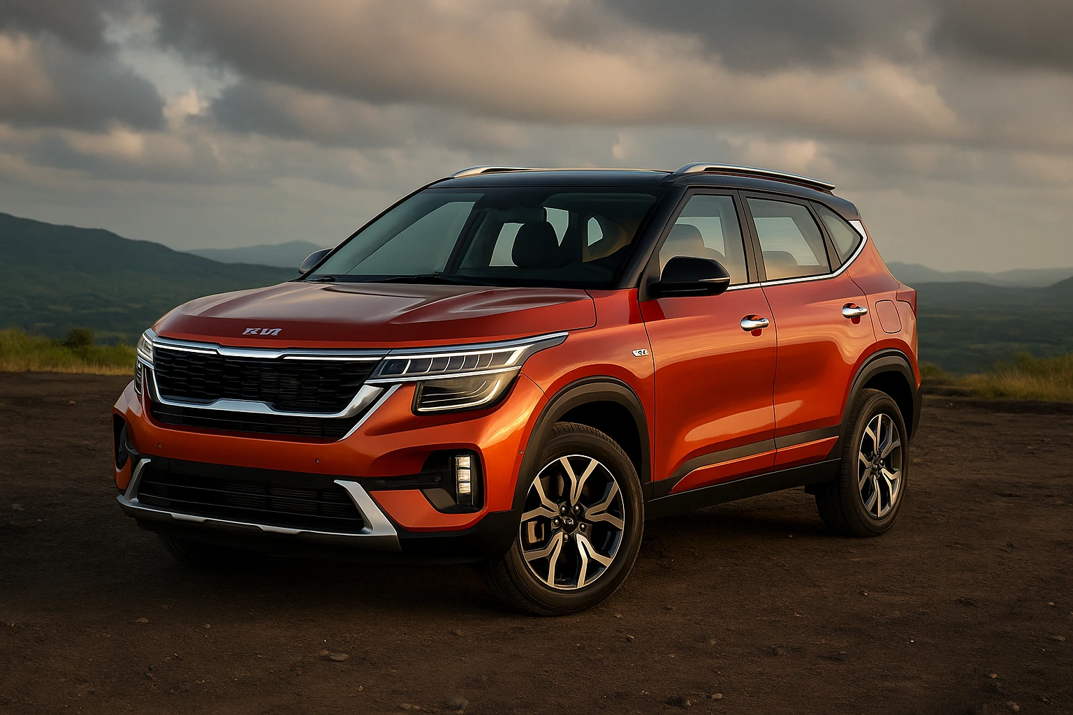 “Kia Seltos 2025 in orange-red shade parked on rugged hilltop terrain during golden hour, showcasing its LED headlamps, sharp design lines and premium SUV stance