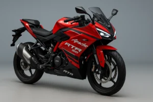 TVS Apache RTR 310 in red, three-quarter studio angle, showcasing aerodynamic bodywork, LED headlights, sporty fairing, alloy wheels, and aggressive performance stance.