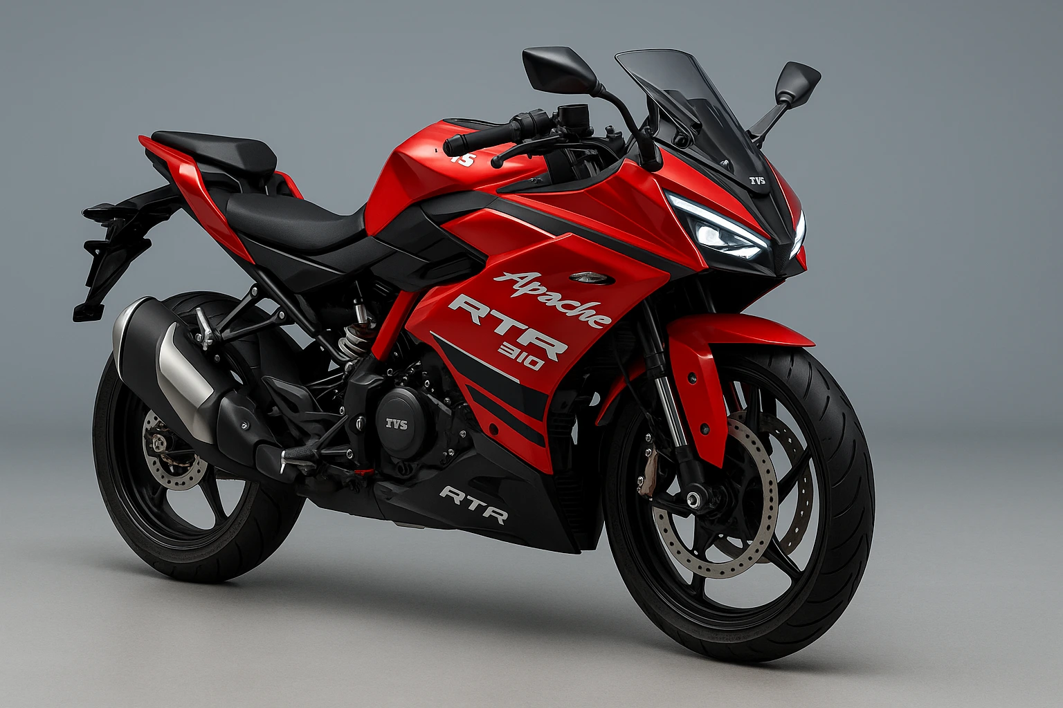 TVS Apache RTR 310 in red, three-quarter studio angle, showcasing aerodynamic bodywork, LED headlights, sporty fairing, alloy wheels, and aggressive performance stance.