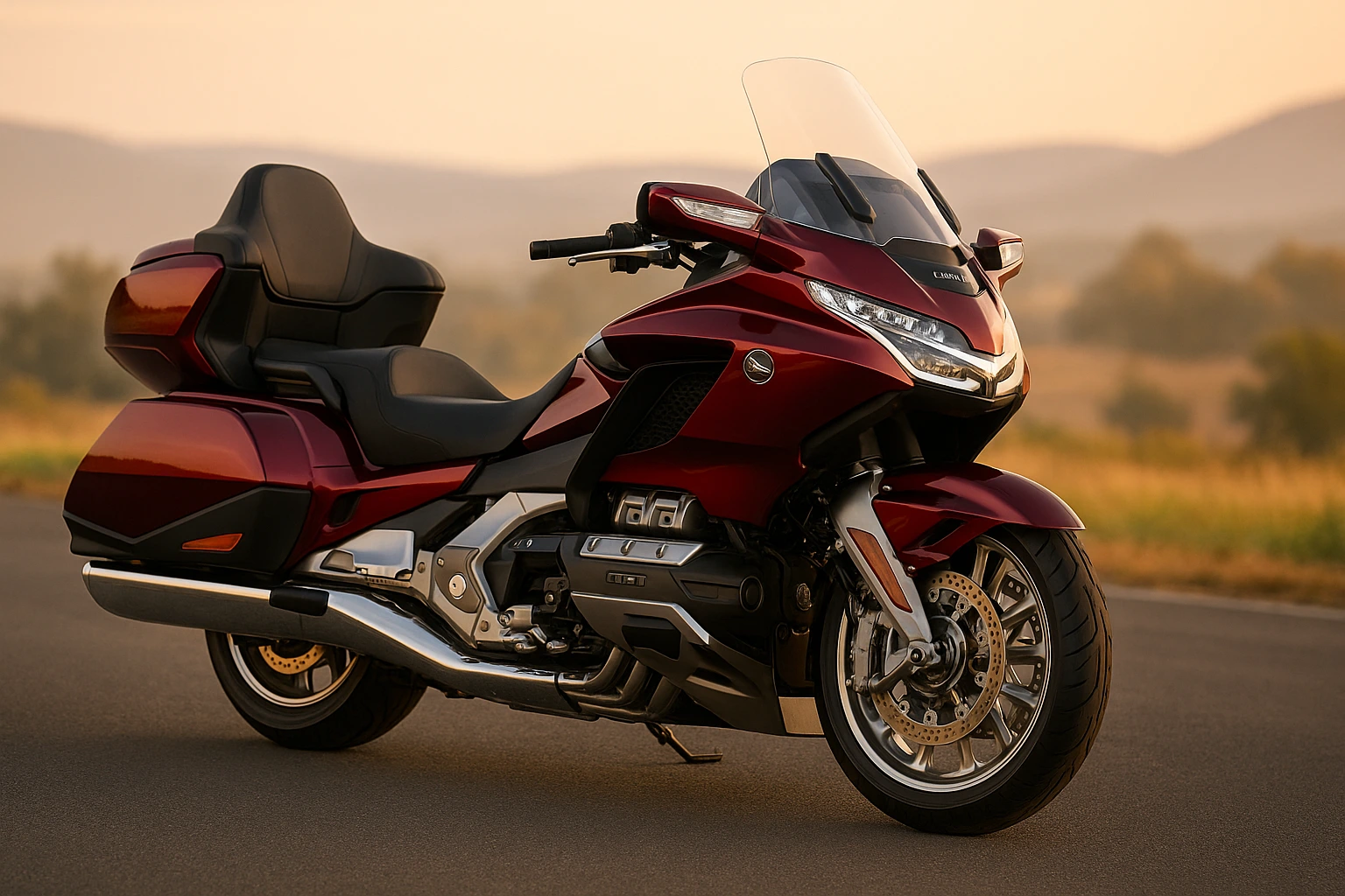 Honda Gold Wing 2026 luxury touring bike in metallic red parked on an open road during sunset, showcasing its premium design, 1833cc flat-six engine and touring comfort.