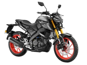 Yamaha MT-15 V4 2025 in Matte Dark Grey showing LED projector headlamp, TFT display, and muscular tank design – streetfighter motorcycle side view.
