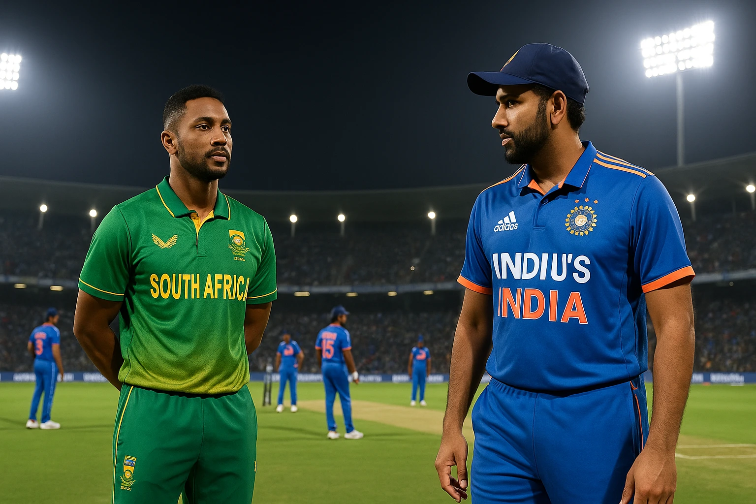 India and South Africa players warming up on the field before the IND vs SA 2nd T20 match under stadium floodlights.